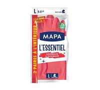 MAPA - L'Essentiel - Gants de Ménage en Latex intérieur Fibres de Coton - Sensibilité et Flexibilité - Revêtement antidérapant - 1 pack de 2 paires - Taille L