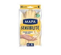MAPA - Sensibilité - Gants de Ménage en Latex Intérieur Coton et Soie - Grand Confort d'utilisation et Extra Doux - Taille M - Lot de 3