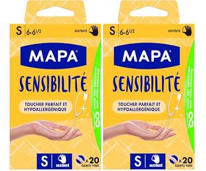 MAPA - Sensibilité - Gants Fins en Vinyle Non Poudrés - Recyclables avec TerraCycle - Hypoallergéniques - 1 boîte de 20 gants - Taille S, Ecru (Lot de 2)