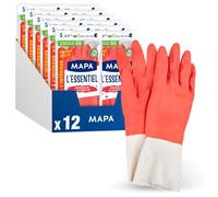 Mapa Spontex MAPA - L'Essentiel - 24 Gants de Ménage en Latex intérieur Fibres de Coton - Sensibilité et Flexibilité - Revêtement antidérapant - 12 pack de 2 paires - Taille S