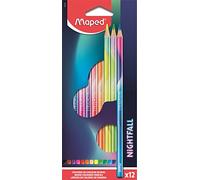 Maped - 12 Crayons de Couleur en Bois Nightfall - Forme Triangulaire - Excellente Prise en Main - Mine Tendre & Résistante - Couleurs Vives et Intenses - 12 Crayons de Couleur