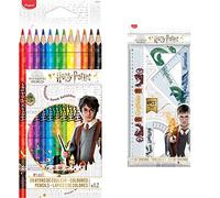 Maped - 12 Crayons de Couleur Harry Potter - Idéal Fournitures Rentrée Scolaire & Kit de traçage Incassable - 4 pièces - Règle 30cm+Équerre 60°/21cm+Équerre 45°/21cm+Rapporteur 180° Base 12 cm