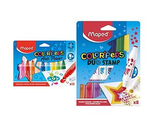 Maped - 12 Feutres de Coloriage Mini Power pour Enfant + 8 Feutres de couleur Duo Stamp avec 1 Pointe Tampon et 1 Pointe Feutre - Coloriage Color'Peps