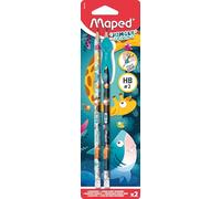 Maped - 2 Crayons à Papier HB Embout Gomme + Guide-Doigt Jungle Fever - Outil Amusant pour Apprendre à Écrire - Recommandé par les Enseignants - Dès 3 Ans