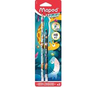 Maped - 2 Crayons Graphite HB Jungle Fever - Embout gomme + 1 Guide-Doigts