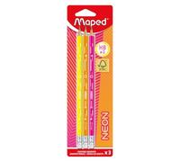 Maped Crayons à papier 3 Graphite HB2 Néon – FSC – Embout gomme – Forme triangulaire