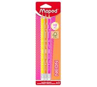 Maped - 3 Crayons Graphite HB2 Néon- Crayons à Papier FSC HB Embout Gomme - Forme Triangulaire Ergonomique - Mine Résistante
