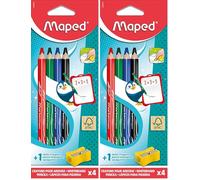 Maped - 4 Crayons de Couleur pour Ardoise Marker'peps Wood + Taille-Crayons - Format Jumbo, Corps Triangulaire - Mine Grasse SC - Effaçables à Sec - 4 Couleurs Assorties (Lot de 2)