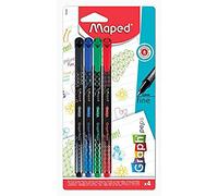 Maped - 4 Feutres Graph'Peps Deco - Feutres Pointe Fine 0,4 mm - Pointe Résistante - Confort d'Écriture et Dessin - 4 Stylos Feutres Couleurs Noir, Vert, Rouge, Bleu