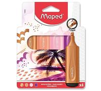 Maped - 4 Surligneurs Fluo Peps à Pointe Biseautée - Durée Longue pour Usage Scolaire et Professionnel - Encre Pastel, Fluo et Paillettes - Thème Sunset Rose/Violet