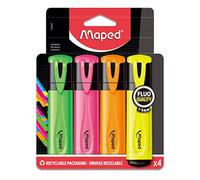 Maped - 4 Surligneurs Fluo’Peps aux Couleurs Éclatantes - Surligneurs Longue Durée pour Usage Scolaire et Professionnel - Vert + Rose + Jaune + Orange