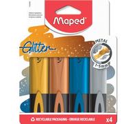 Maped - 4 Surligneurs Fluo Peps Glitter - Couleurs Brillantes Métal - Confort d'Écriture sur Tous Types de Papier - Surligneurs à Paillettes Or, Argent, Cuivre, Bleu - Pochette Réutilisable