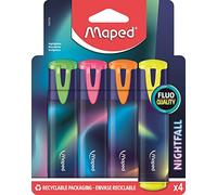 Maped - 4 Surligneurs Nightfall - Confort d'Écriture, Efficace sur Tous Types de Papier - Couleurs Lumineuses Jaune Fluo + Vert + Rose + Orange - Pochette Réutilisable 740700 Multicolore