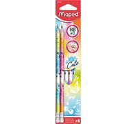 Maped - 6 Crayons Graphite HB #2 Mini Cute - Crayons à Papier avec Embout Gomme - Forme Triangulaire Ergonomique - Boîte de 6 Crayons Papier