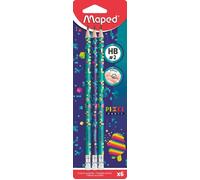 Maped - Crayons Graphite HB #2 Pixel Party - à Papier avec Embout Gomme - Forme Triangulaire Ergonomique - Blister de 6