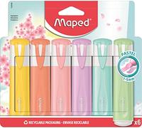 Maped - 6 Surligneurs Fluo'Peps Pastel - Pointe Biseautée - Surligneurs Longue Durée pour Usage Scolaire et Professionnel - Pointe Douce - 6 Couleurs Assorties, Pastel, 6