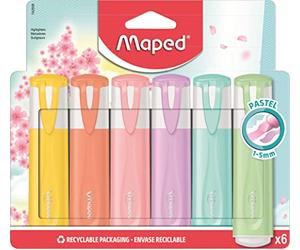Maped - 6 Surligneurs Fluo'Peps Pastel - Pointe Biseautée - Surligneurs Longue Durée pour Usage Scolaire et Professionnel - Pointe Douce - 6 Couleurs Assorties, Pastel, 6