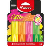 Maped - 740247-4 Surligneurs Fluo Glitter, Pointe Biseautée, Surligneurs Longue Durée pour Usage Scolaire, Lettering, Bullet Journal et Professionnel, 4 Couleurs Fluo glitter
