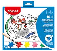 Maped - Activités de coloriage - Papiers à peindre - Comprend des pastilles de peinture et un pinceau - Humidifier et Prêt à l'emploi - 10 illustrations différentes