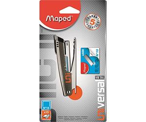Maped - Agrafeuse Metal Universal Pocket - Compatible Agrafes N°10 - Capacité 15 Feuilles - Avec Recharge de 400 Agrafes n°10 - Garantie 5 ans