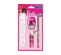 Maped - Set de papeterie Barbie 4 pièces (règle 15 cm, taille-crayon, gomme, crayon HB)