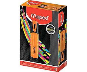 MAPED - Boite de 12 Surligneurs Fluo'Peps Classic, Coloris Orange - des Couleurs Éclatantes pour Surligner Vos écrits - Pointe Biseautée permettant de Faire Des Traits de 1 à 5 mm