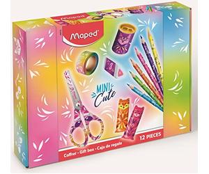 Maped - Coffret Cadeau 12 Pièces Mini Cute - 1 Ciseaux + 1 Taille-Crayon + 1 Gomme Pyramide + 6 Crayons de Couleurs + 2 Surligneurs + 1 Rouleau de Masking Tape