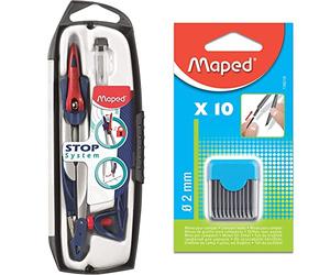 Maped Coffret Compas Maped Stop System 3 pièces - Système de Verrouillage Breveté - Tracé Parfait & Étui Rigide de 10 Mines de Rechange 2 mm pour Recharge Compas Scolaire