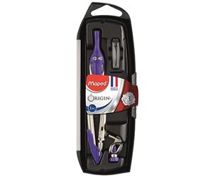 Maped Coffret Compas Origin 3 Pièces - Fabrication Française Compas Scolaire Mine + Bague Universelle + Étui-Mines - Avec Sécurité Protège Pointe et Mine + Branches en Acier - Bleu
