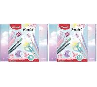 Maped - Coffret d'Écriture Pastel 14 Pièces - Crayons Graphite HB + Taille-Crayon + Surligneurs + Feutres d'Écriture + Ciseaux 16cm + Gomme Blanche (Lot de 2)