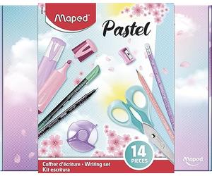 Maped - Coffret d'Écriture Pastel 14 Pièces - Crayons Graphite HB + Taille-Crayon + Surligneurs + Feutres d'Écriture + Ciseaux 16cm + Gomme Blanche