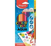 Maped Color'Peps - Crayons de Coloriage Aqua pour Aquarelle Mine Résistante - Set de 12 Crayons de Couleurs Aquarellables + 1 pinceau