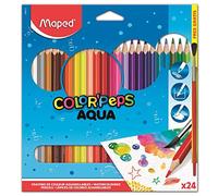 Maped Color'Peps - Crayons de Coloriage Aqua pour Aquarelle Mine Résistante - Set de 24 Crayons de Couleurs Aquarellables + 1 pinceau