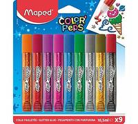 Maped Color'Peps Tubes de colle Pailletées pour enfant Effet Brillant, Facile à utiliser avec Embout Fin - 9 Tubes de 10.5 ml Coloris Assortis