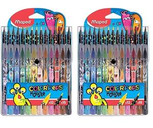 Maped - Combo Pack Monster Color'Peps - 15 Crayons de Couleurs Vives + 12 Feutres Lavables et Résistants au séchage - Pointe moyenne bloquée - Pochette plastique Refermable 984718 (Lot de 2)