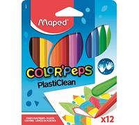 Maped - Craies de Coloriage Plasti Clean - 12 Crayons Plastiques Résistants et Ergonomiques - Ne Salit pas les Mains - Couleurs Lumineuses - Pochette Carton