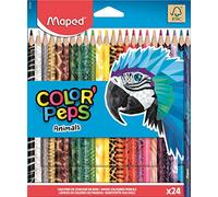 Maped - Crayons de Couleur Color'Peps Animals FSC - Crayon de Coloriage Triangulaire Ergonomique - Crayons Décorés Animaux - Pochette de 24 Crayons en Bois Certifiés FSC