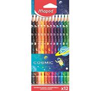 Maped - Crayons de Couleur Color'Peps Tatoo Cosmic - crayon Triangulaire Ergonomique - Couleurs Vives - Conforme à La Réglementation Des Jouets - 12 Crayons Décorés Cosmique