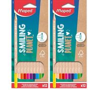 Maped - Crayons de Couleur Smiling Planet en Bois Naturel - 12 Crayons de dessin pour Enfants - Crayon Coloriage Triangulaire Ergonomique - Pochette de 12 Crayons Bois Certifiés FSC (Lot de 2)