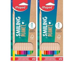 Maped - Crayons de Couleur Smiling Planet en Bois Naturel - 12 Crayons de dessin pour Enfants - Crayon Coloriage Triangulaire Ergonomique - Pochette de 12 Crayons Bois Certifiés FSC (Lot de 2)