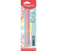 Maped - Crayons Graphite HB #2 Back'Peps Pastel - Crayons à Papier en Bois Pastel avec Gomme - Forme Triangulaire Ergonomique - Lot de 3 Crayons Papier HB n°2