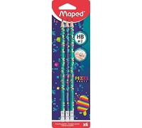 Maped - Crayons Graphite HB #2 Pixel Party - à Papier avec Embout Gomme - Forme Triangulaire Ergonomique - Blister de 6