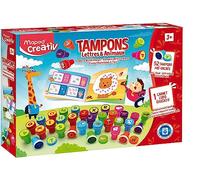 Maped Creativ- Lettres et Animaux Loisirs Créatifs pour Enfants dès 3 ans-52 Tampons Pré Couleurs Variées, 1 Livret Educatif et 6 Feutres-Encre Lavable, J41577, Multicolore