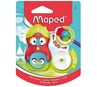 Maped - Duo Taille-Crayon / Gomme Loopy - Taille-Crayon avec Réservoir + 1 Trou - Gomme Blanche Rotative sans PVC + Recharge - Avec Capuchon de Protection - Design Totem Rouge / Vert