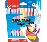 Maped - Feutre de coloriage - Feutres effacables OOPS - Feutre à pointe moyenne - Couleurs lumineuses - Etui carton de 12 feutres dont 2 effaceurs
