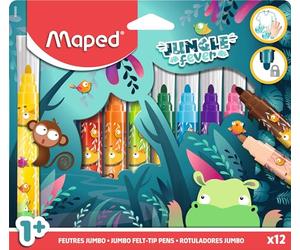 Maped Feutres de coloriage pour enfants à partir de 1 an - Feutres thème jungle - Pointes sécurisées et bloquées - Encre lavable - Boîte de 12 maxi marqueurs - Sans danger pour les bébés et les