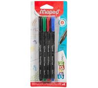 Maped - Feutres Graph'Peps - Stylos Feutres Pointe Fine 0,4 mm - Pointe Douce et Résistante - Confort d'Écriture et Dessin - 4 Stylos Feutres Noir, Vert, Rouge, Bleu