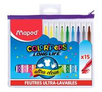 Maped - Feutres Long Life - 15 feutres ultra-lavables longue durée, pointe moyenne, trousse zippée