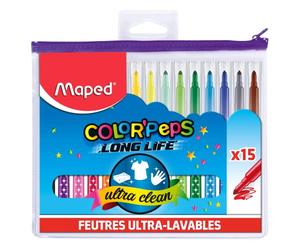 Maped - Feutres Long Life - 15 feutres de Coloriage - Couleurs Vives