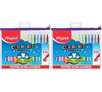 Maped - Feutres Long Life - 15 Feutres de Coloriage Ultra-lavables et Longue Durée - Pointe Moyenne Bloquée - Couleurs Vives - Idéal Fournitures Rentrée Scolaire - Trousse Plastique Zippée (Lot de 2)